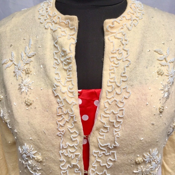 SOLD Jeri-Jo vtg 50s 60s beaded cardigan sweater lambswool angora floral ivory L - Picture 4 of 8